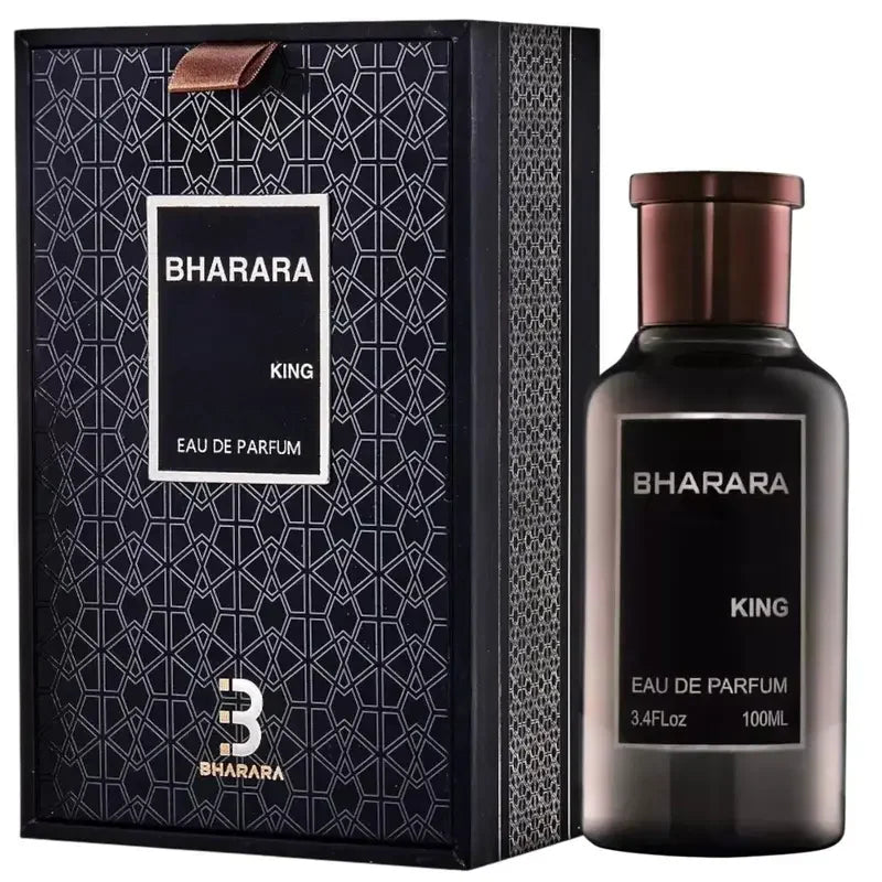 A black bottle of Bharara King Men's Eau de Parfum 3.4oz (100ml), featuring a refreshing citrus & musk scent, stands by its matching black and gold box—both displaying the name and formaldehyde-free fragrance details.