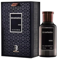 A black bottle of Bharara King Men's Eau de Parfum 3.4oz (100ml), featuring a refreshing citrus & musk scent, stands by its matching black and gold box—both displaying the name and formaldehyde-free fragrance details.