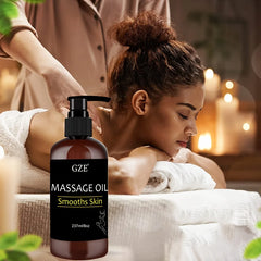 A woman enjoys a back massage in a serene, candle-lit room. In front, GZE Body Smooths Skin Massage Oil with collagen and stem cells is showcased for tightening, moisturizing, and firming benefits.