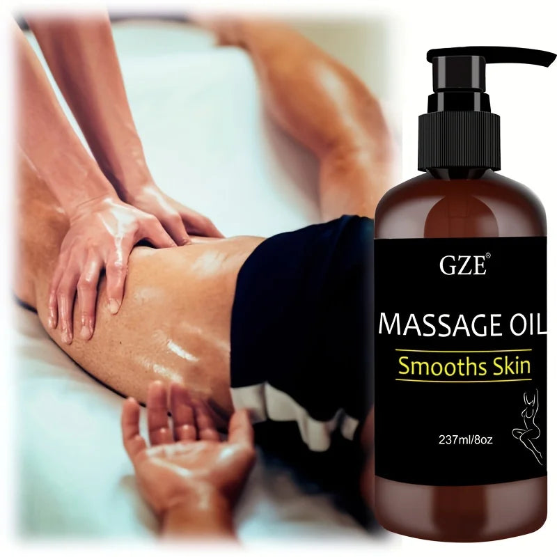 A person gets a leg massage with oil, while in the foreground is a brown bottle labeled GZE Body Smooths Skin Massage Oil Infused with Collagen and Stem Cell for skin tightening, moisturizing, firming, and body cleansing.