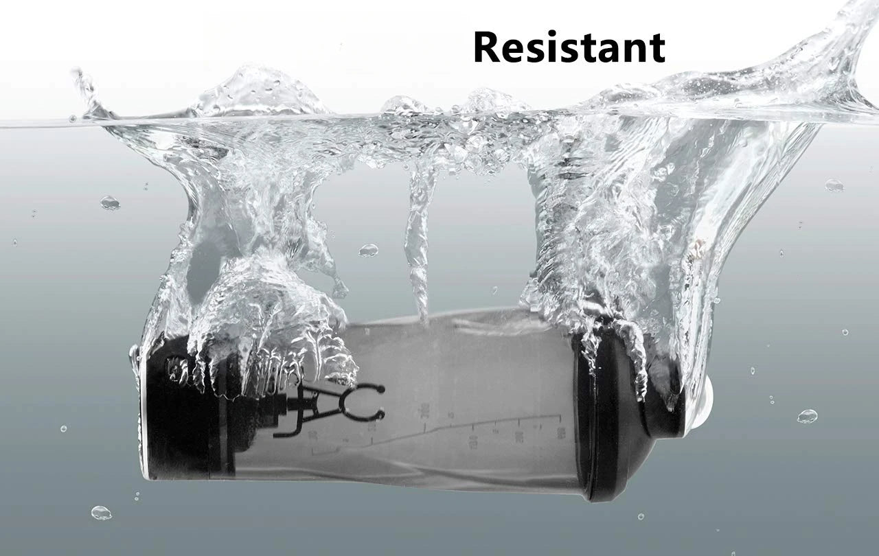 The Premium Electric Protein Shaker Cup—BPA free and USB rechargeable—is splashing in clear water, emphasizing its resistance. The word "Resistant" appears above the water, showcasing its durability for indoor or outdoor use.