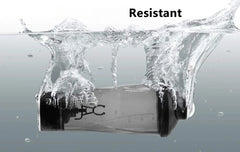 The Premium Electric Protein Shaker Cup—BPA free and USB rechargeable—is splashing in clear water, emphasizing its resistance. The word "Resistant" appears above the water, showcasing its durability for indoor or outdoor use.