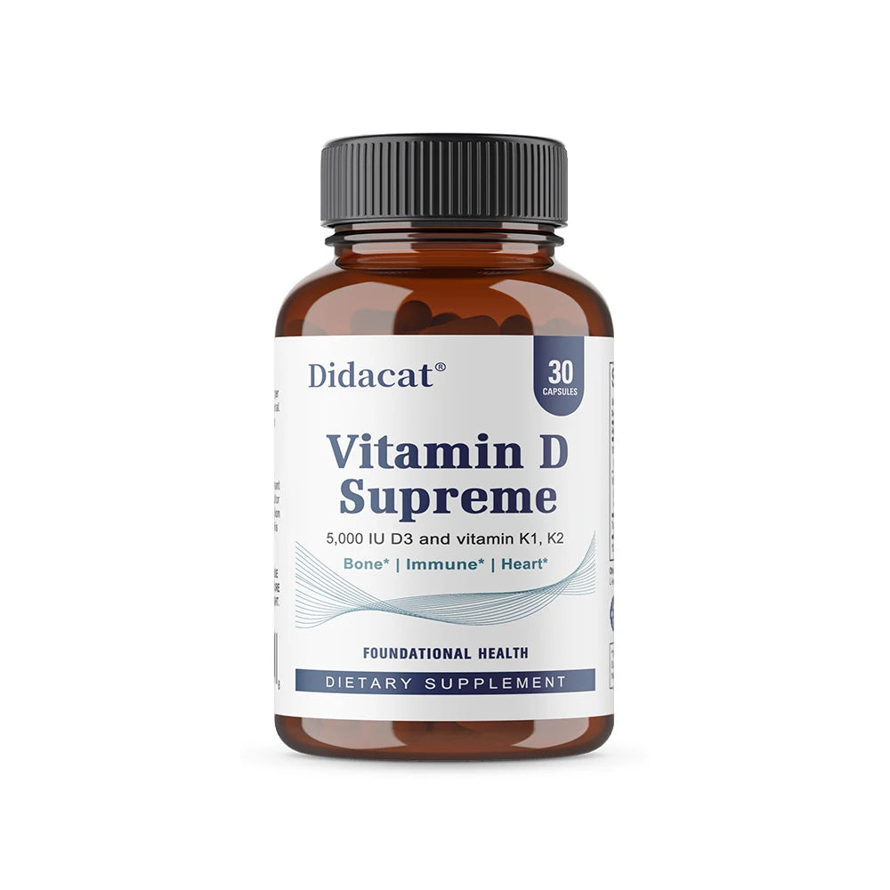 A bottle labeled High Potency Vitamin D3 5000 IU with 120 vegetarian capsules supports muscle, bone, and nervous system health. It is a unisex dietary supplement for overall wellness.