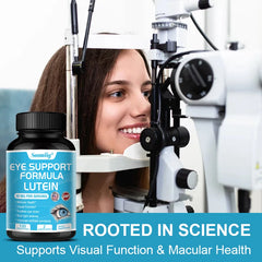 A smiling woman gets an eye exam with specialized tools. In front, a bottle labeled Lutein Capsules - Contain Zeaxanthin, Maintain Healthy Vision & Promote Visual Function is shown. Text below: Protects Retina & Supports Eye Health.