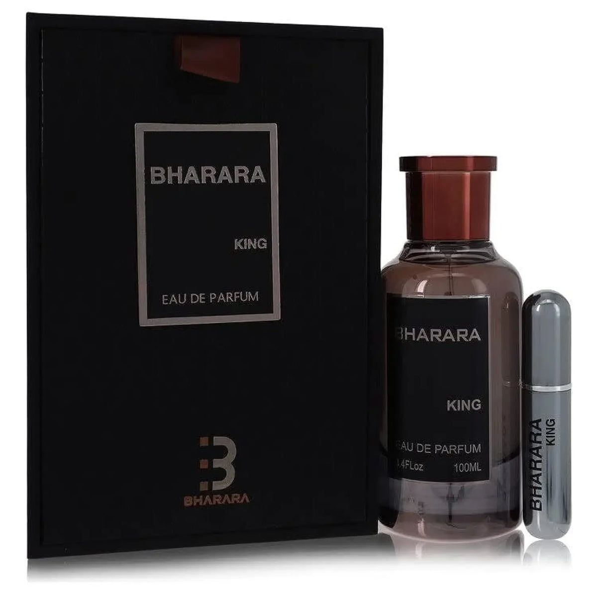 Bharara King For Men Eau de Parfum spray comes in a 100ml clear bottle with a copper cap, packed in a rectangular black box with matching branding, delivering a refined scent—new in box.