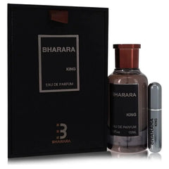Bharara King For Men Eau de Parfum spray comes in a 100ml clear bottle with a copper cap, packed in a rectangular black box with matching branding, delivering a refined scent—new in box.