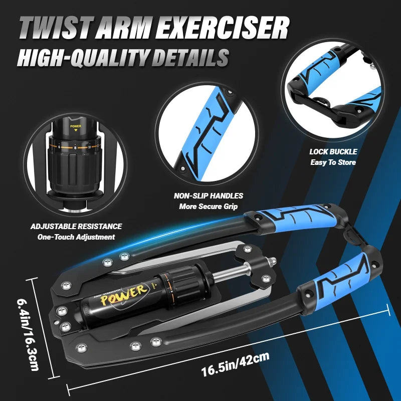 The Adjustable 22-440 Pounds Arm Exerciser is a black and blue hydraulic chest amplifier for home use, with adjustable resistance, non-slip handles, lock buckle, and measures 16.5in x 6.4in. Key features are shown on a dark background.