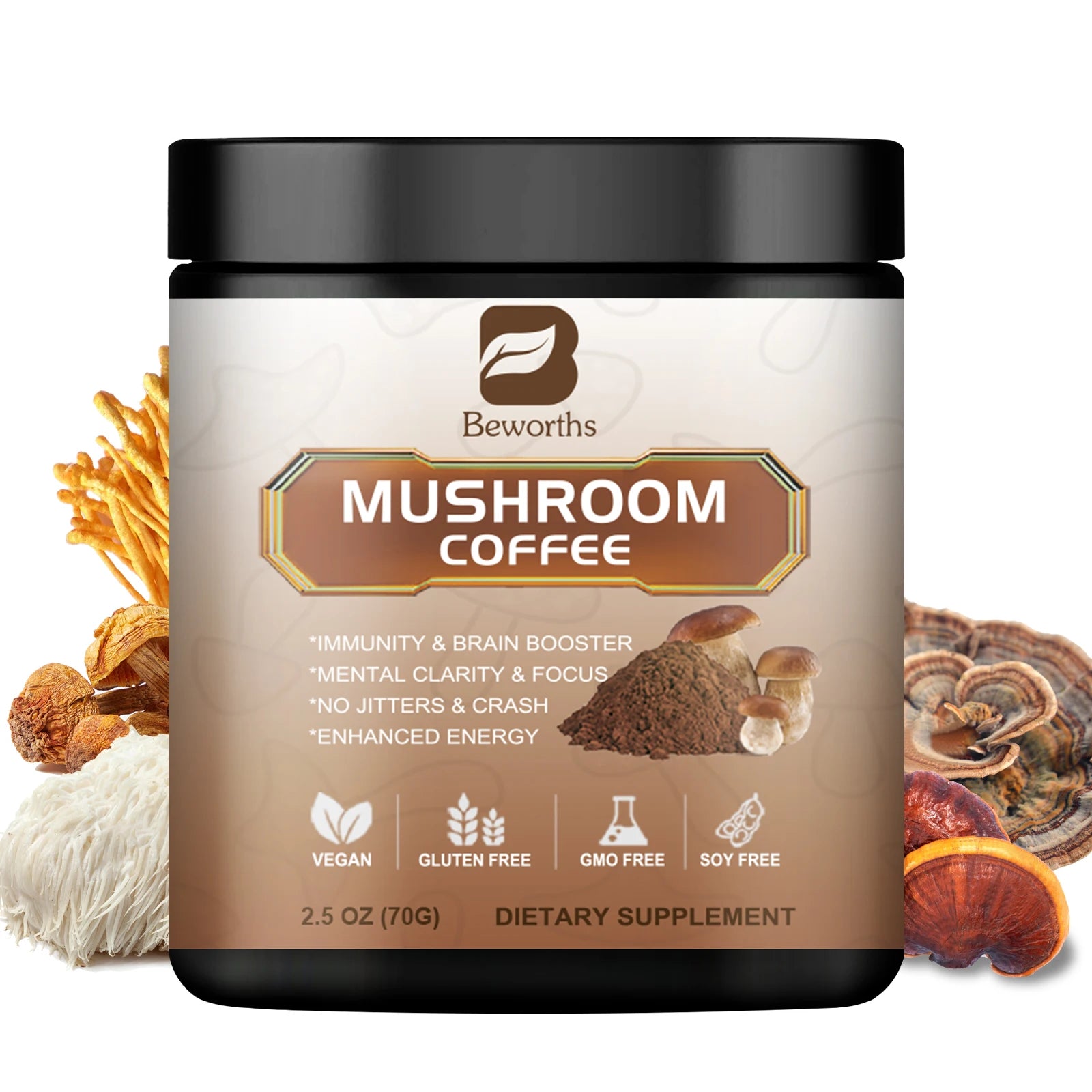 A container of BWEORTHS 70/120/250G Mushroom Coffee Mixed Reishi & Lion's Mane supports immunity and focus, boosts memory, and is NON-GMO. The label features mushroom and coffee powder images, highlighting natural health benefits.