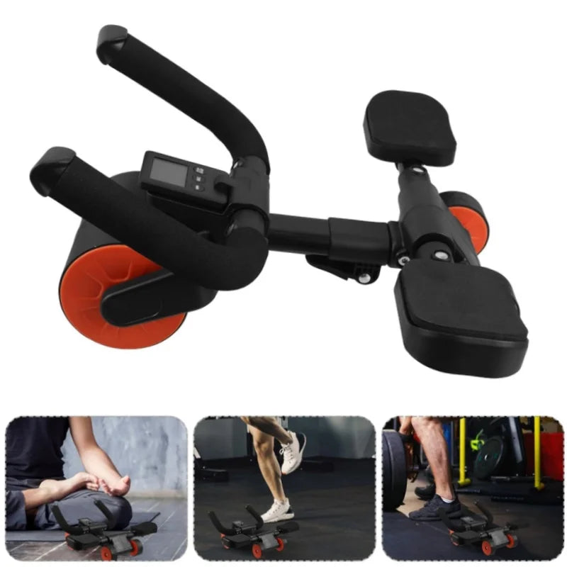 A black and orange four-wheel Adjustable Abs Training Roller with foot pedals, foam handles, and a digital display is shown. Three inset images display people using this multifunctional abdominal fitness wheel for home gym lower-body workouts.