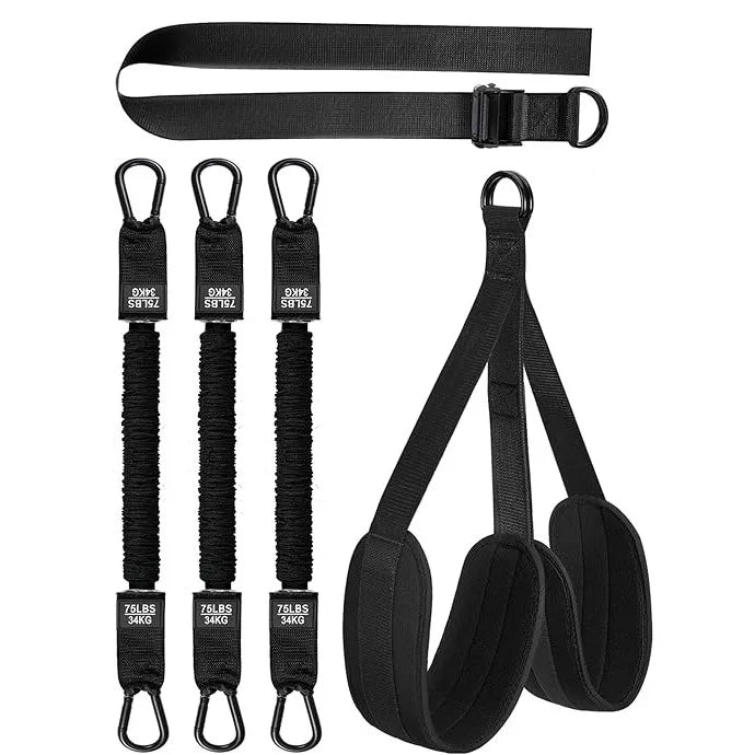 The Pull Up Assistance Bands Set includes four 75 lbs/34 kg resistance ropes, a padded harness with loops, and an adjustable strap with buckle—perfect for waist strength training, pull-ups, chin-ups, and body stretching. Black color shown on a white background.