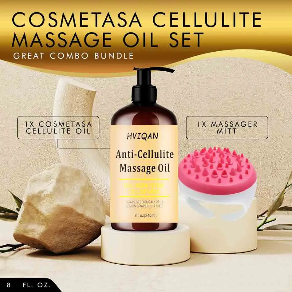 A 240ml Anti Cellulite Massage Oil Infused with Collagen and Stem Cell, paired with a textured pink and white massager mitt and a stone prop, is displayed on a beige background to showcase this moisturizing body essential oil set.