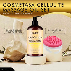 A 240ml Anti Cellulite Massage Oil Infused with Collagen and Stem Cell, paired with a textured pink and white massager mitt and a stone prop, is displayed on a beige background to showcase this moisturizing body essential oil set.