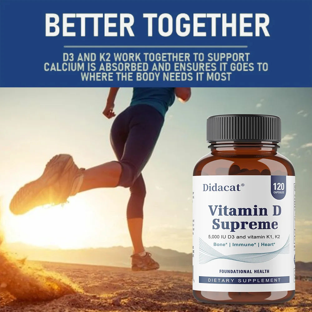 At sunrise, someone runs outdoors. In front is a bottle labeled High Potency Vitamin D3 5000 IU—120 Vegetarian Capsules, for muscle, bone, and nervous system health. Text above reads “Better Together” with info on vitamin D3 and K2 benefits.