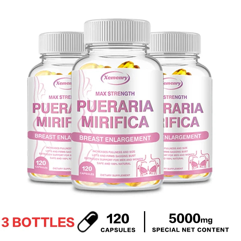 Three bottles of PUERARIA MIRIFICA - Breast Supplement To Support Bigger, Rounder, Firmer Breasts. Each bottle contains 120 “Max Strength” capsules (5000 mg total), formulated for noticeable results for all genders.