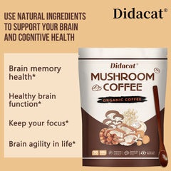 A bag of Mushroom Coffee—Organic Coffee with Lion's Mane, Chaga, Cordyceps, Reishi, and Shiitake—is shown with mushroom and spoon art. Text highlights natural support for memory, focus, and brain health. Produced by Shandong run'an Biotechnology.