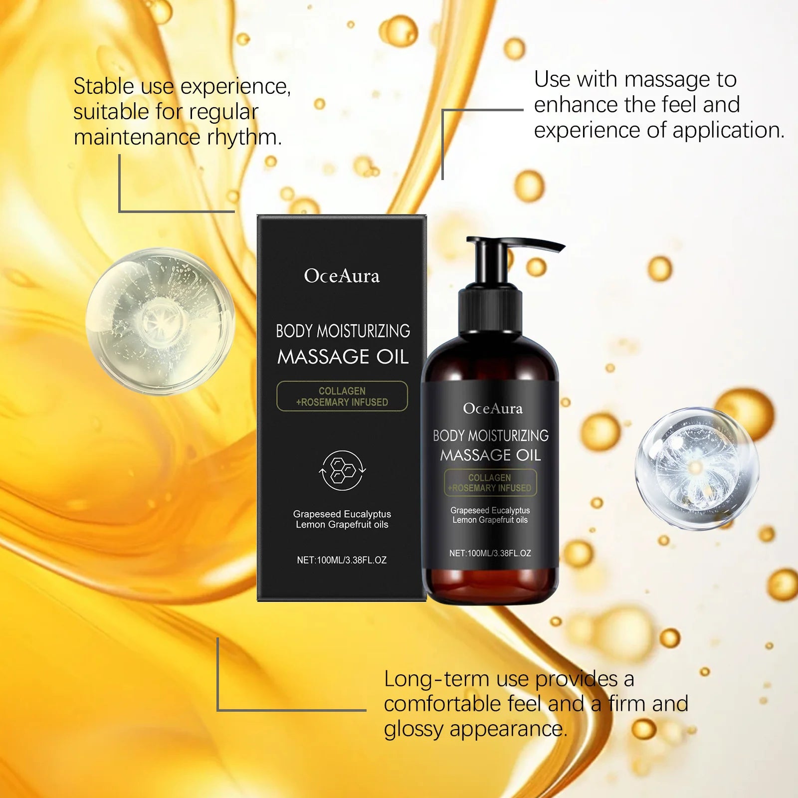 A bottle and box of Body Moisturizing Massage Oil Nourishing Smoothing Tightening Soothing Glowing Brightening Reduce Wrinkles Soft Body Massage Oil are shown on a golden oil background, with close-ups highlighting its hydrating, firming, and skin-repairing benefits.