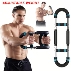 A shirtless man uses the Adjustable Resistance Stainless Steel Chest And Arm Trainer, showcasing its black and blue padded handles and detachable design for upper body workouts. Red text highlights its ADJUSTABLE WEIGHT feature.