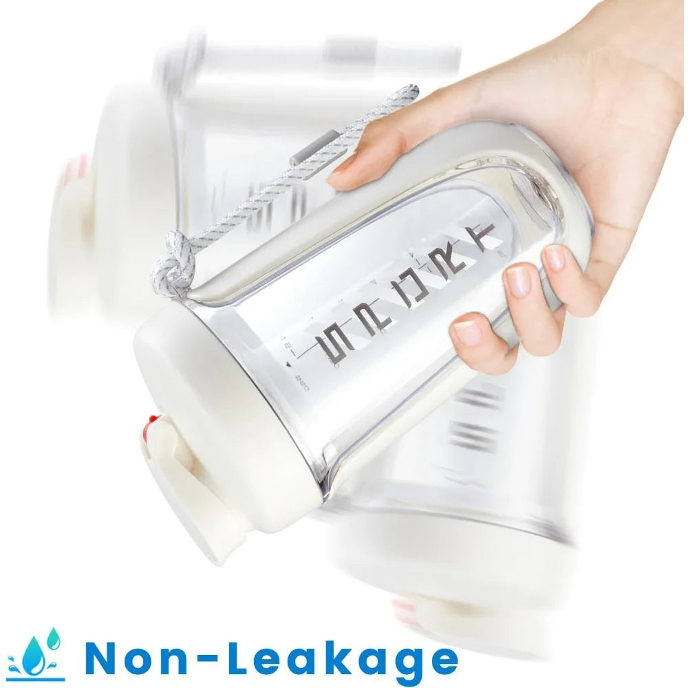 A hand holds the Premium Protein Powder Shaker (590ml/20oz) with a white lid and rope handle, shown from multiple angles. Blue text below reads Non-Leakage with a droplet icon. Leak-proof Tritan, BPA-free, includes plastic ball. Made in China.