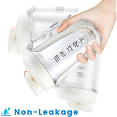 A hand holds the Premium Protein Powder Shaker (590ml/20oz) with a white lid and rope handle, shown from multiple angles. Blue text below reads Non-Leakage with a droplet icon. Leak-proof Tritan, BPA-free, includes plastic ball. Made in China.