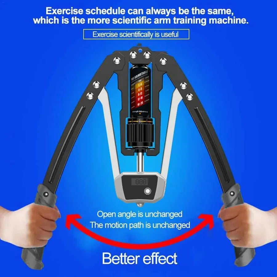 A graphic displays the Twister Arm Exerciser (Adjustable 22-440lbs), a unisex A Type gripper with dual handles and digital display. Arrows show the fixed open angle and motion path, while text emphasizes scientific strength training benefits.