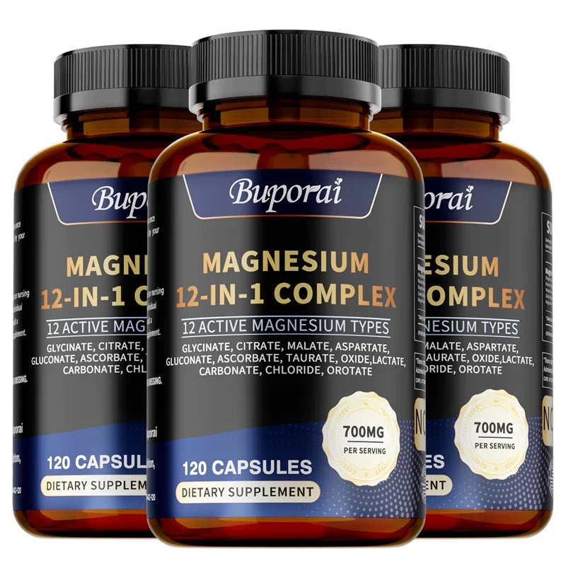 Three brown bottles of Magnesium Complex Capsules - Bone & Heart Health Supplement, each with 120 unisex capsules, featuring 12 types of magnesium including Glycinate and delivering 700mg per serving for sleep, muscle, and stress support.