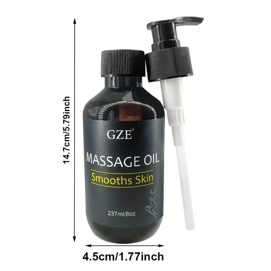 A black bottle of GZE Body Smooths Skin Massage Oil (237ml/8oz) with pump, infused with collagen and stem cells. The label highlights skin tightening, moisturizing, and firming. Bottle dimensions: 14.7cm tall, 4.5cm wide.