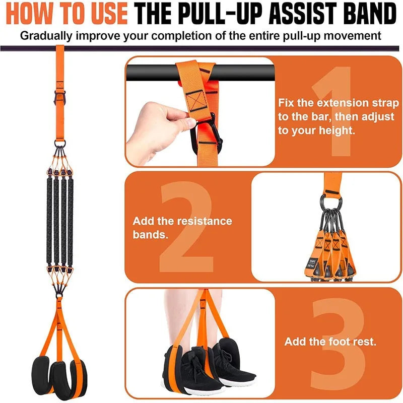 Instructional guide for using the Pull Up Assistance Bands Set: 1) Attach resistance strap to a bar, 2) add bands, 3) place feet in the foot rest. Each step is shown in images for effective pull-up and chin-up training.