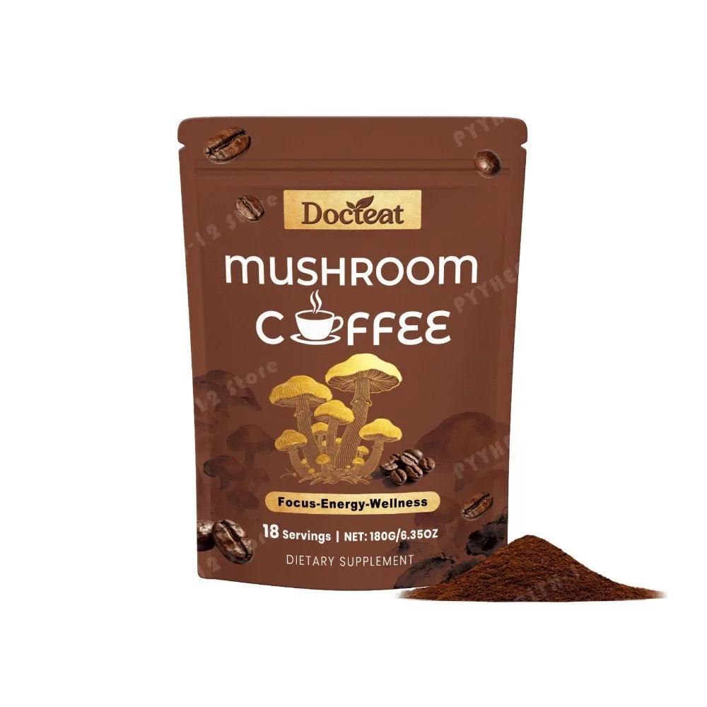 Docteat Mushroom Coffee Powder with Cordyceps, Lion's Mane, Reishi, Shiitake & Turkey Tail for Focus, Energy & Wellness, 180g
