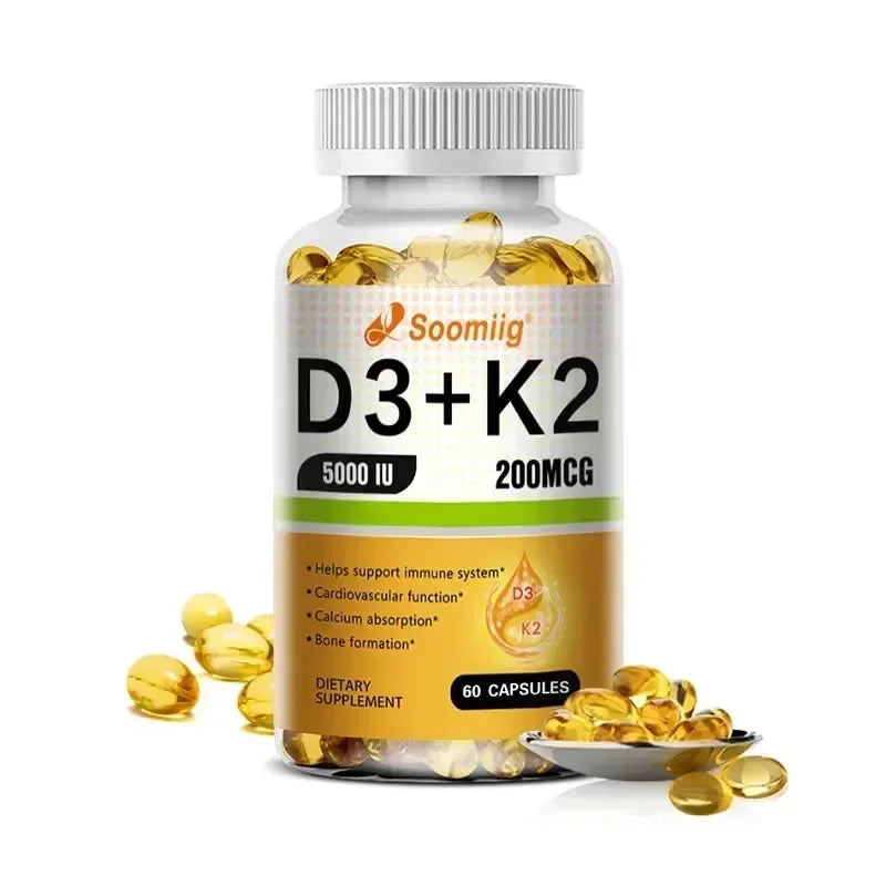A bottle of Vitamin D3 5000IU and 200mcg Vitamin K2 (MK-7) Capsules for calcium absorption, bone regeneration, and immune support sits surrounded by yellow capsules. Contains 60 easy-to-melt capsules.