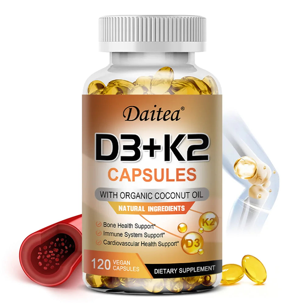 Vitamin D3 K2 Capsule - 5000 IU Vitamin D3 Promotes Strong Bones, Calcium Absorption, Teeth, Heart, Cardiovascular Health