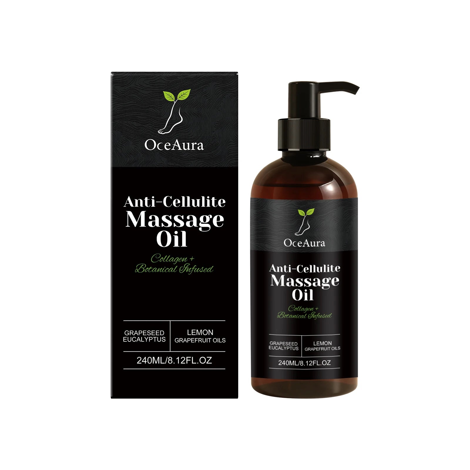 A boxed 240 mL (8.12 FL OZ) pump bottle of Anti Cellulite Oil Firm Skin Tightening Massage Oil with collagen, natural plants, lemon and grapefruit essential oils, plus grapeseed and eucalyptus oils for smoother skin.