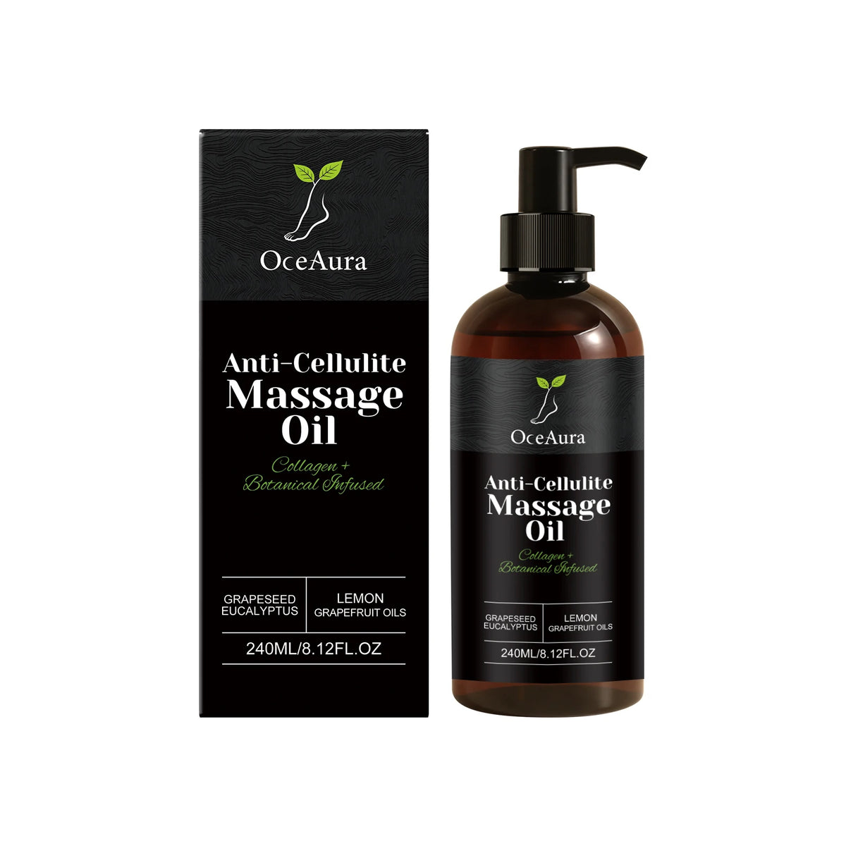 A boxed 240 mL (8.12 FL OZ) pump bottle of Anti Cellulite Oil Firm Skin Tightening Massage Oil with collagen, natural plants, lemon and grapefruit essential oils, plus grapeseed and eucalyptus oils for smoother skin.