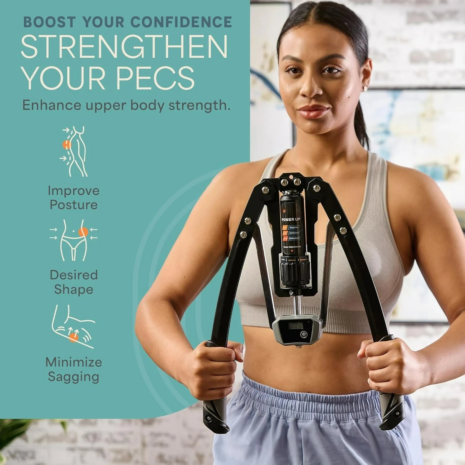 A woman in athletic wear uses the Hydraulic Power Chest Expander and Arm Twister Trainer Exerciser (22-440lb adjustable resistance, Smart Counter) for arm and chest workouts. Text: Boost confidence. Strengthen pecs. Improve posture. Desired shape. Minimize sagging.