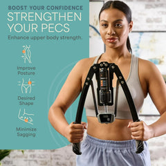 A woman uses the Hydraulic Power Chest Expander and Arm Twister Trainer Exerciser (22-440lb, Smart Counter) in athletic wear. Text: Boost Your Confidence. Strengthen pecs and arms, improve posture, shape up, and reduce sagging with strength icons.