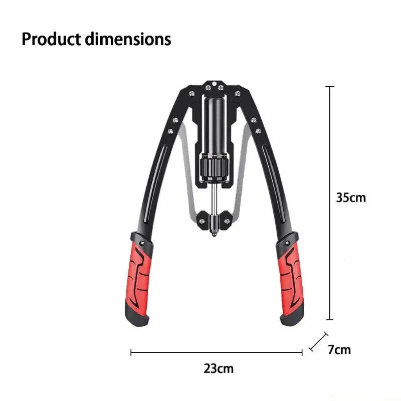 Illustration of the 31BE Adjustable Hydraulic Power Chest Press Machine Arm Trainer with Counter Enduring, a unisex hand tool with red handles, ideal for arm training. Product dimensions shown at the top left: 35x23x7 cm.