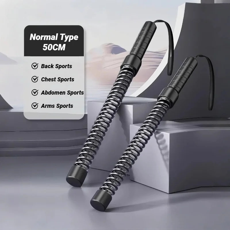 Two black Strength Training Bar Ergonomic Fitness Grip Biceps Triceps Strengthener Spring Arm Expanders, 50CM, for back, chest, abdomen, and arms workouts. Stylish background with geometric shapes and a desert-like landscape.
