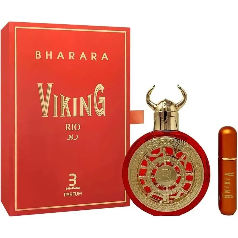 Bharara Unisex 3.4 Ounce Eau de Parfum, a red and gold set with box, round bottle and horned cap plus travel spray. Packaging features bold gold and white text, echoing Jean Paul Gaultier’s style. Long-lasting fragrance.