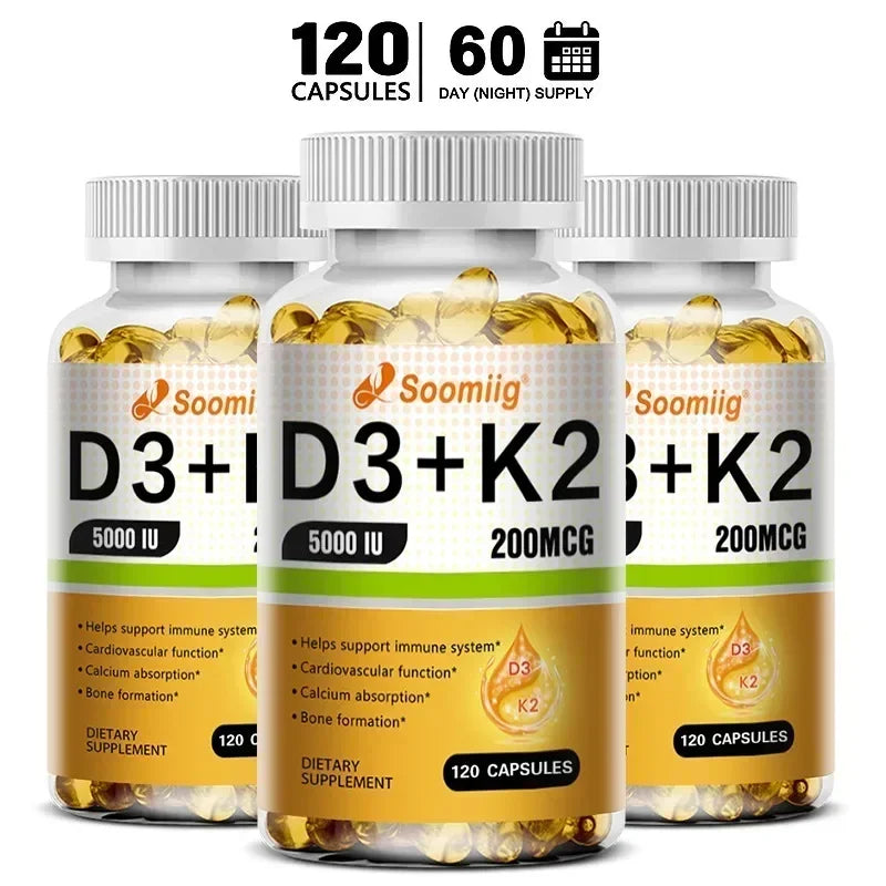 Three bottles of Vitamin D3 5000IU and 200mcg K2 (MK-7) Capsules for calcium absorption, bone regeneration, and immune support; each bottle contains 120 easy-to-melt capsules.