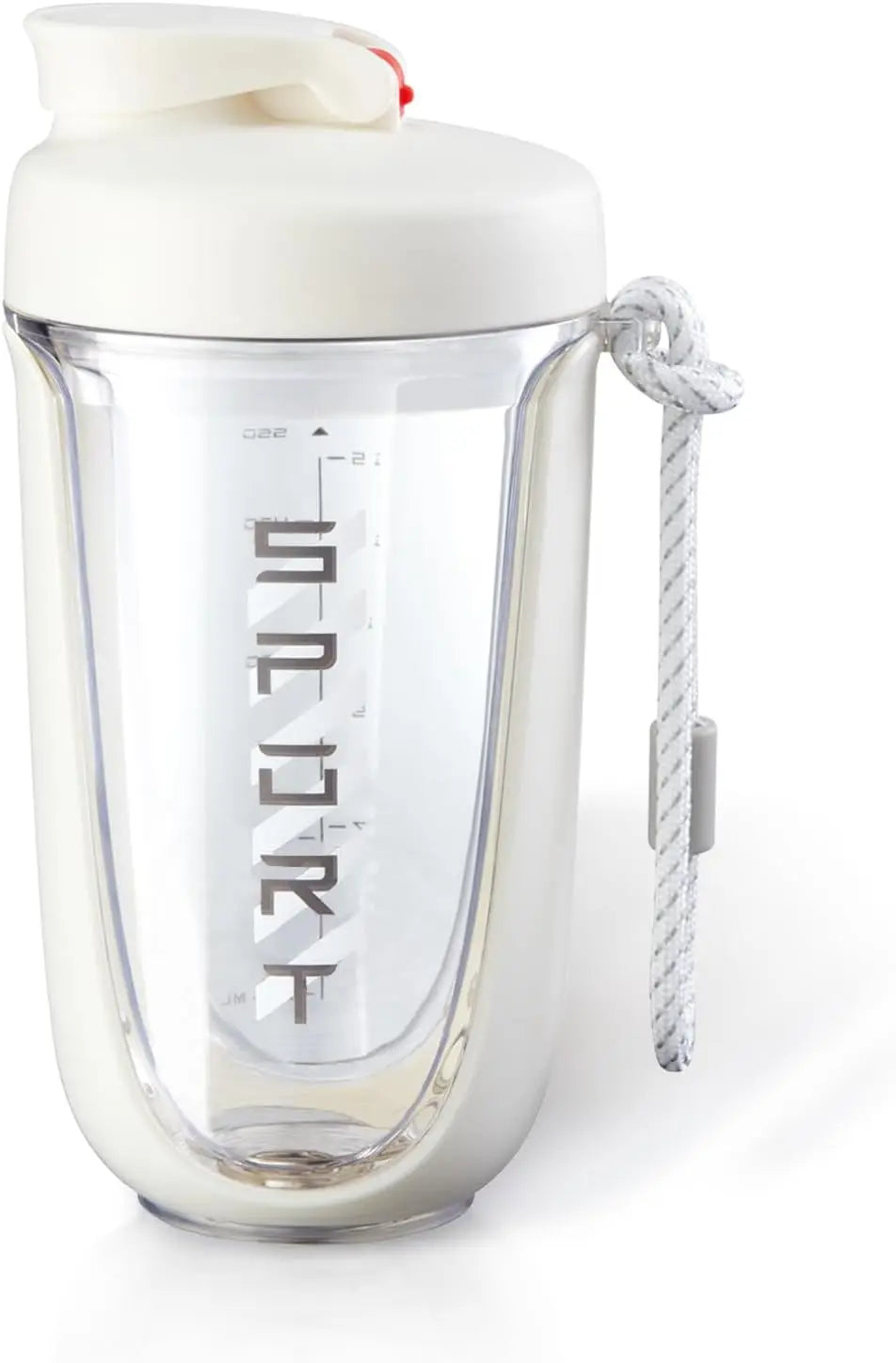 The Premium Protein Powder Shaker holds 590ml/20oz, is leak-proof, BPA-free Tritan with a plastic mixing ball, white lid, rope handle, and measuring marks. Made in mainland China with no high-concern chemicals for peace of mind.