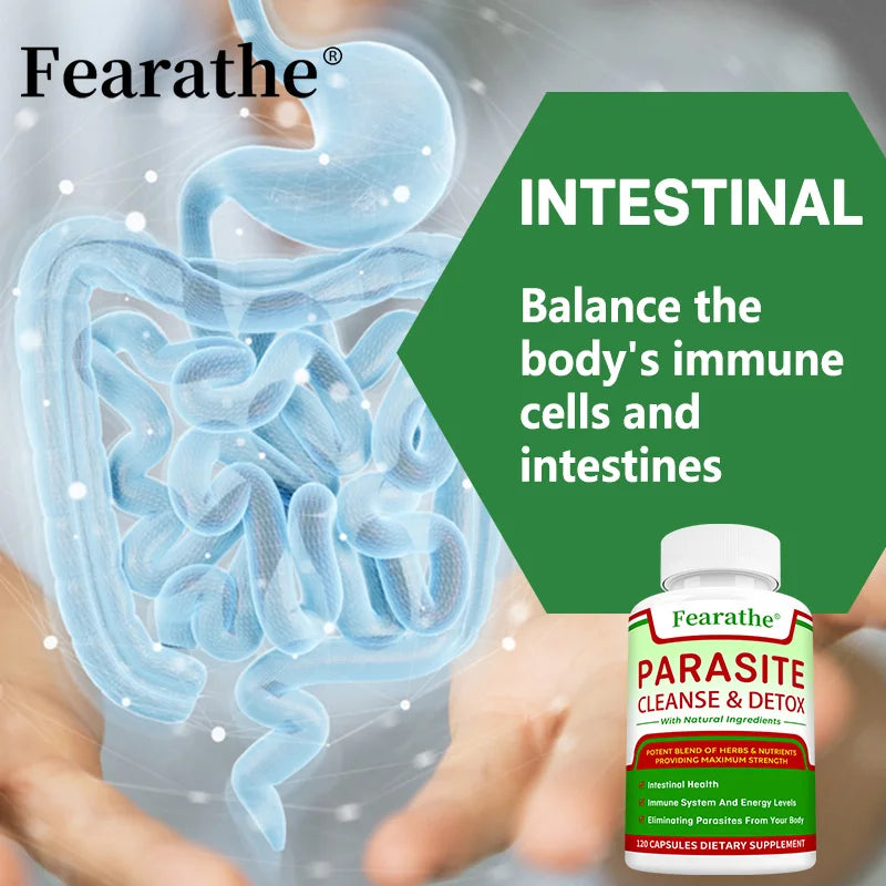A digital graphic shows a semi-transparent human torso with highlighted intestines. Text reads: INTESTINAL: Supports immune and digestive health. A bottle labeled Parasite Cleanse - Bowel Cleansing Supplement is in the bottom right corner.