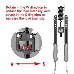 Diagram of the Hydraulic Arm Strength Trainer: Rotate in the W direction to reduce load intensity, or rotate in the S direction to increase it. Arrows show W and S adjustment directions on the spring arm tension knob.