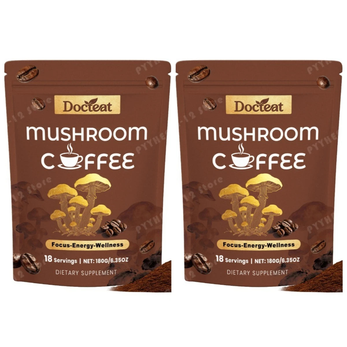 Docteat Mushroom Coffee Powder with Cordyceps, Lion's Mane, Reishi, Shiitake & Turkey Tail for Focus, Energy & Wellness, 180g