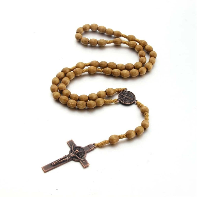 Wooden Rosary Cross Prayer Necklace