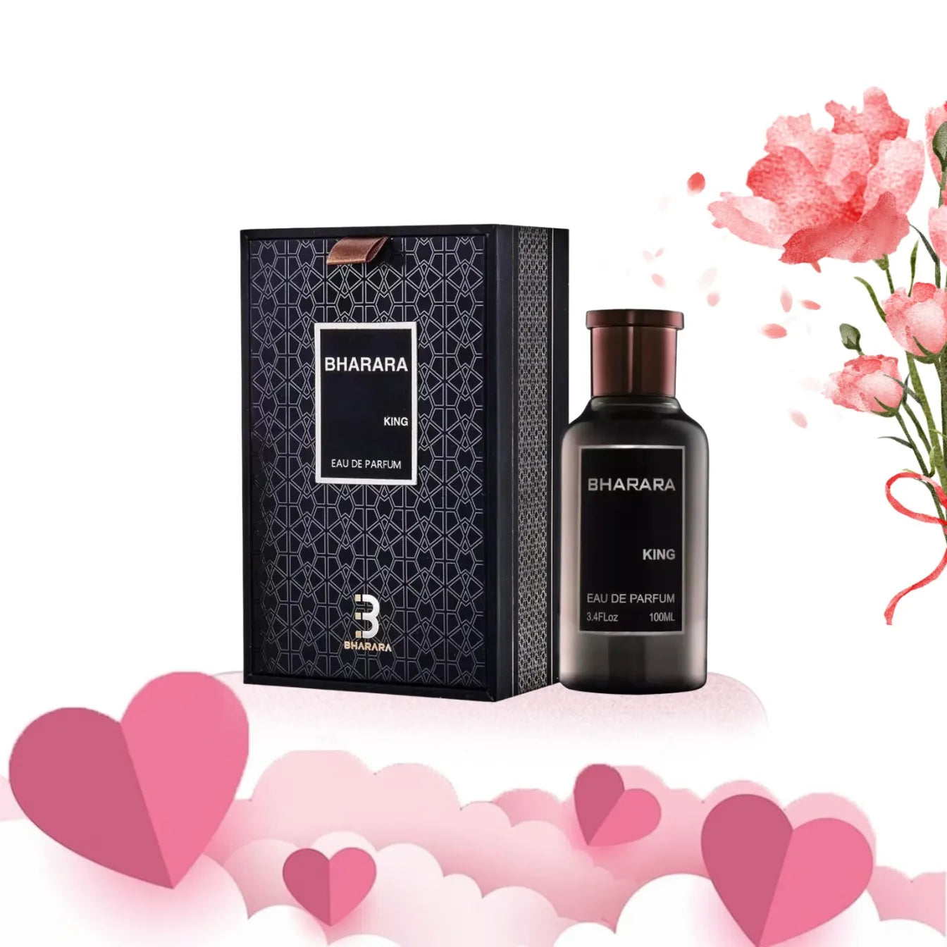 A bottle and box of Bharara King Men's Eau de Parfum 3.4oz (100ml), featuring a refreshing citrus and musk scent, sit on a pink heart-themed surface with red flower and pink heart decorations in the background.