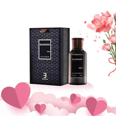 A bottle and box of Bharara King Men's Eau de Parfum 3.4oz (100ml), featuring a refreshing citrus and musk scent, sit on a pink heart-themed surface with red flower and pink heart decorations in the background.