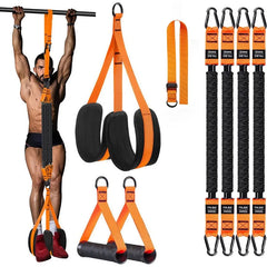 A man uses the Pull Up Assistance Bands Set Resistance Strap attached to a pull-up bar for strength training. Additional straps, resistance bands, handles, and a pull rope are shown on the right against a white background.