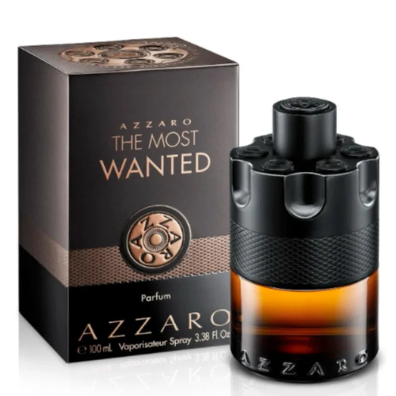 The 100ml Azzaro Wanted Series Eau De Parfum Spray for men comes in a dark bottle with a black, metallic, revolver-inspired cap and a black box with gold details, reflecting the bold luxury of this French original cologne.
