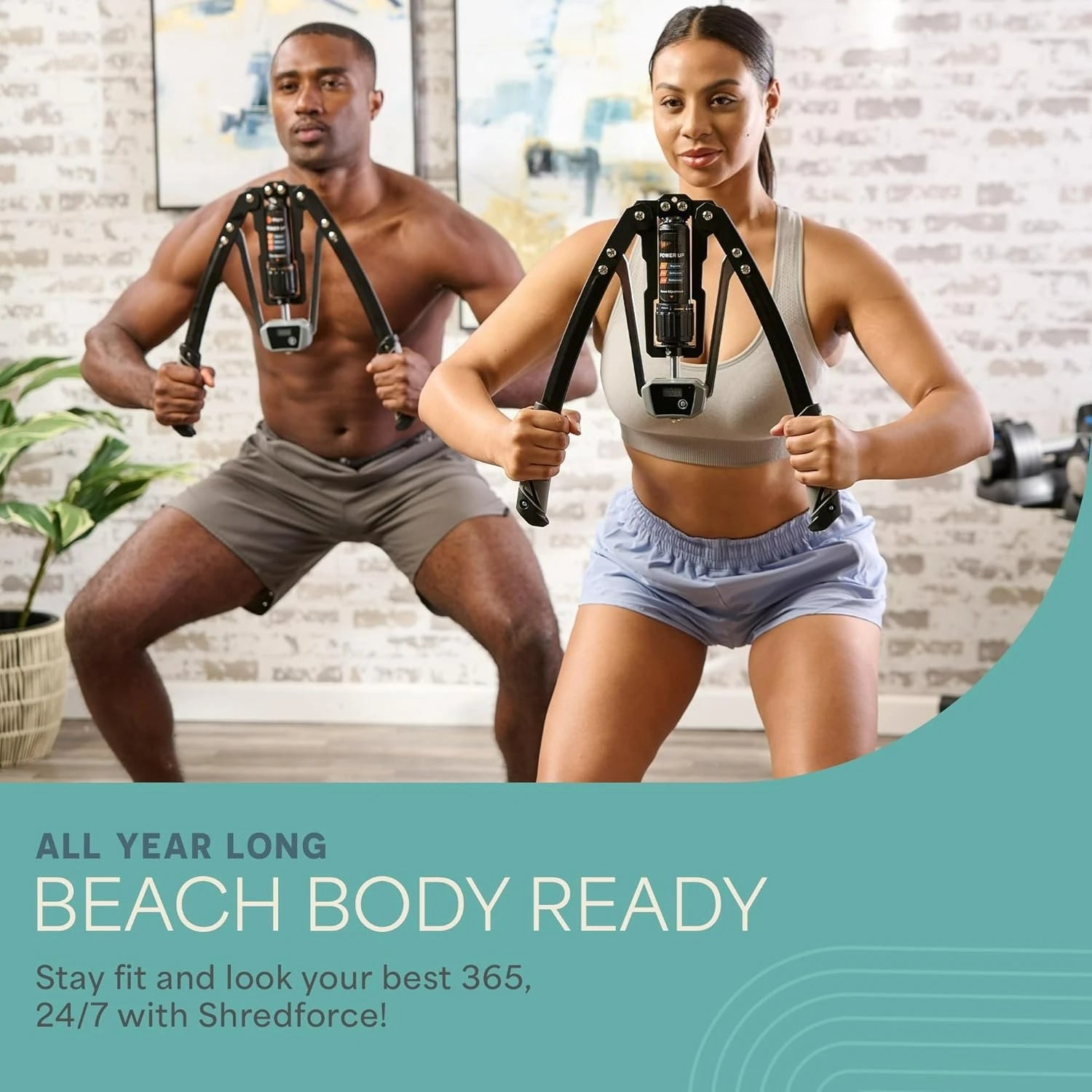 A man and woman train indoors in athletic wear using the Hydraulic Power Chest Expander and Arm Twister Trainer Exerciser—adjustable 22-440lb resistance with smart counter. Achieve strong arms and stay fit all year long!.