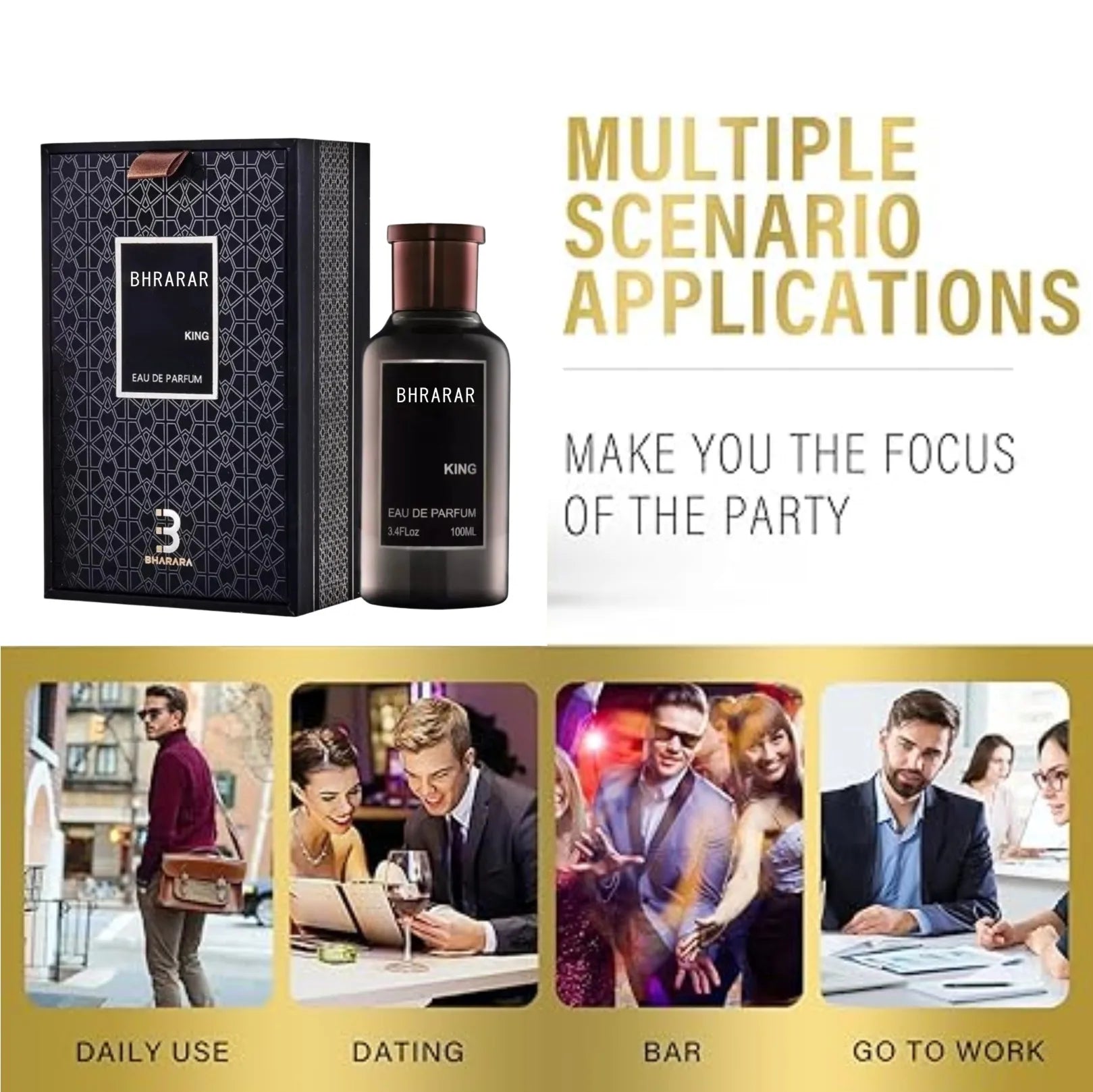 A bottle and box of Bharara King Men's Eau de Parfum 3.4oz (100ml) are shown with text: Refreshing citrus & musk scent, long-lasting, formaldehyde-free. Perfect for daily use—whether at work, on dates, or out with friends.
