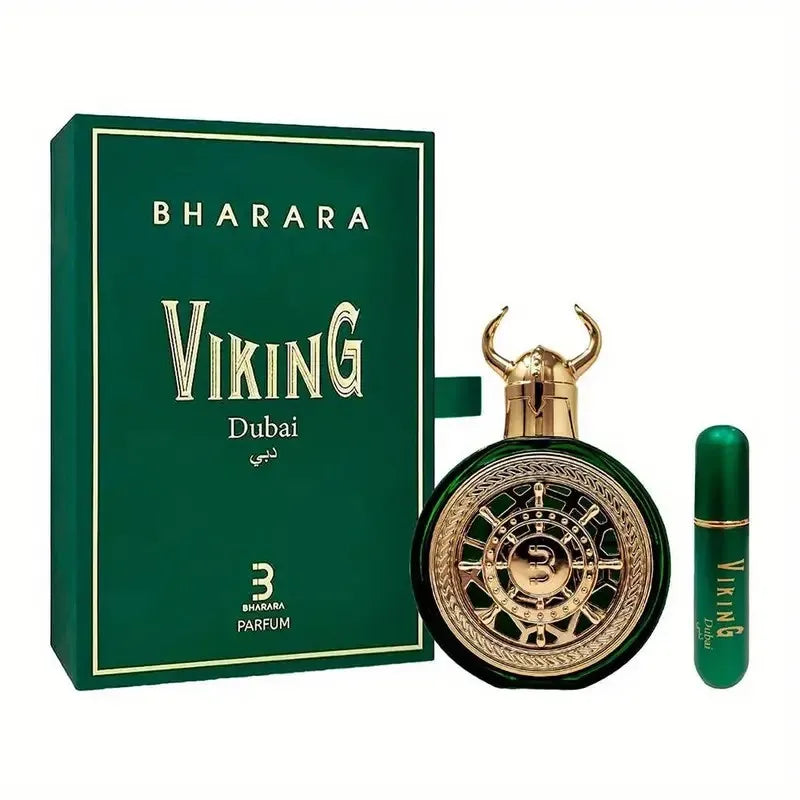 The Bharara Unisex 3.4 Ounce Eau de Parfum set includes a decorative box, round bottle with horned cap, and green travel spray. This alcohol-free, long-lasting fragrance offers gentle sophistication for all.